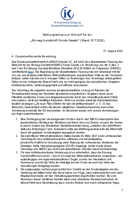 22-08-1-Stellungnahme zum Entwurf für ein „Einweg-Kunststoff-Fonds-Gesetz“ (Stand 15.7.2022) Vorschau