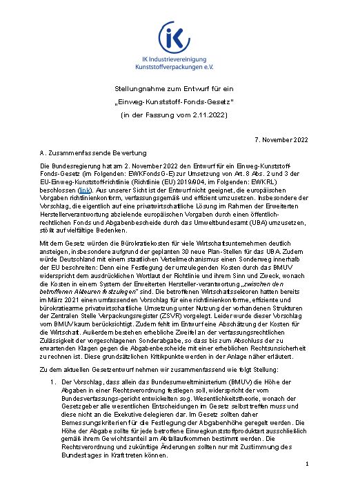 22-11 Stellungnahme zum Entwurf für ein „Einweg-Kunststoff-Fonds-Gesetz“ (in der Fassung vom 2.11.2022) Vorschau