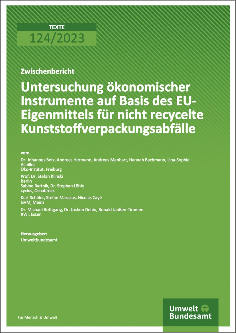 Cover des Zwischenberichtes zur Untersuchung ökonomischer Instrumente auf Basis des EU-Eigenmittels für nicht recycelte Kunststoffverpackungsabfälle