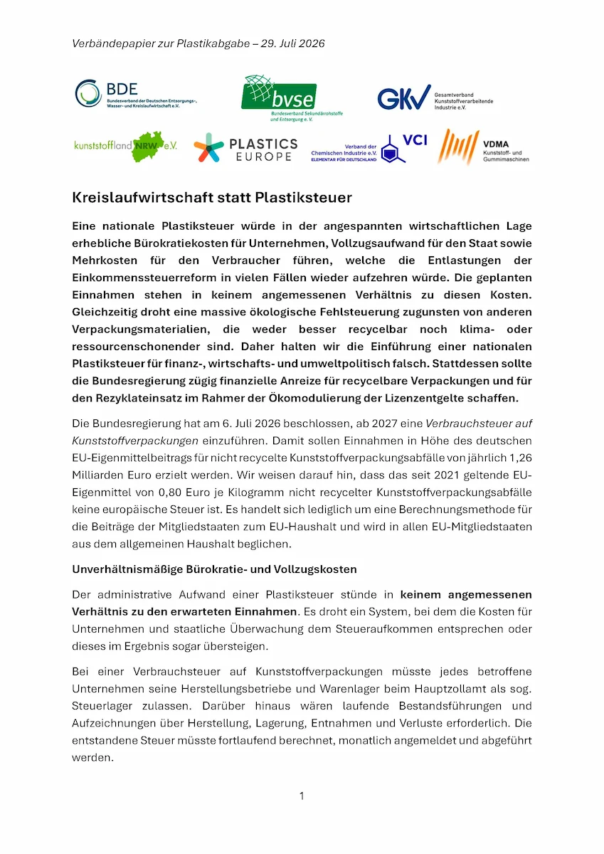 Kreislaufwirtschaft Statt Plastikabgabe Cover Kunststoffverbände BDE, BVSE, GKV, kunststoffland NRW, PlasticsEurope, VCI, VDMA