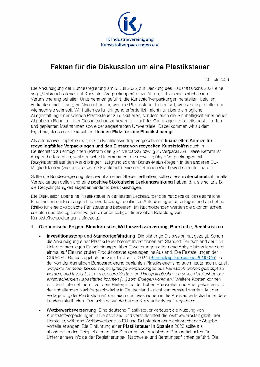 Plastiksteuer Fakten Für Die Diskussion Cover - IK Industrievereinigung Kunststoffverpackungen