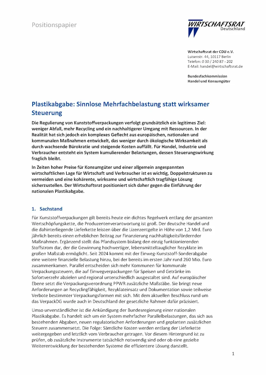 Positionspapier Plastikabgabe Cover Wirtschaftsrat